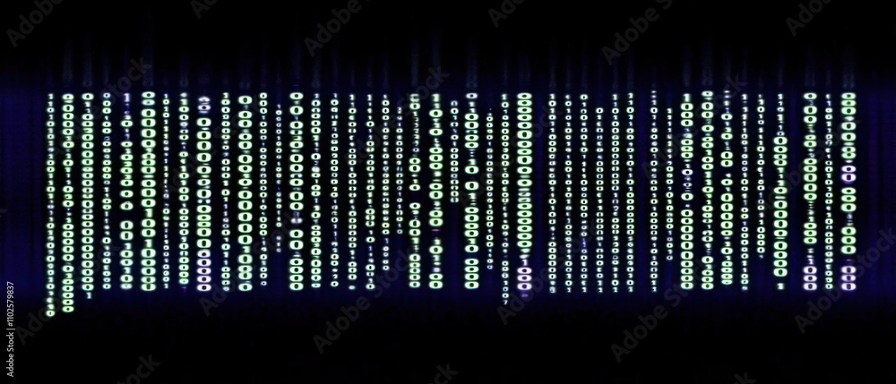 Poster a digital display of cascading green and blue binary code, reminiscent of a sci-fi aesthetic.
