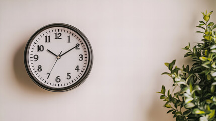 Simple clock with no hands on a wall next to a green plant in a minimalistic setting