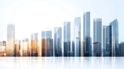 Obraz premium A modern city skyline with a rising bar graph, symbolizing an upward trend in real estate value, spacious area for copy placement.