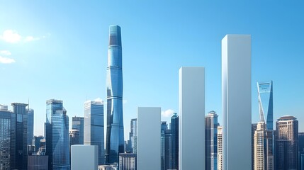 Obraz premium A modern city skyline with a rising bar graph, symbolizing an upward trend in real estate value, spacious area for copy placement.