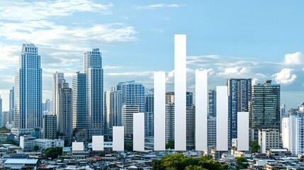 A modern city skyline with a rising bar graph, symbolizing an upward trend in real estate value, spacious area for copy placement.