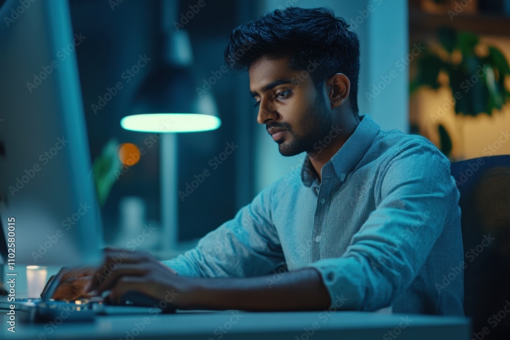 Poster serious and focused young indian man working in office at desk, typing on keyboard, processing data 