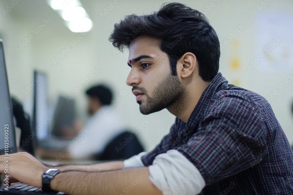 Poster serious and focused young indian man working in office at desk, typing on keyboard, processing data 