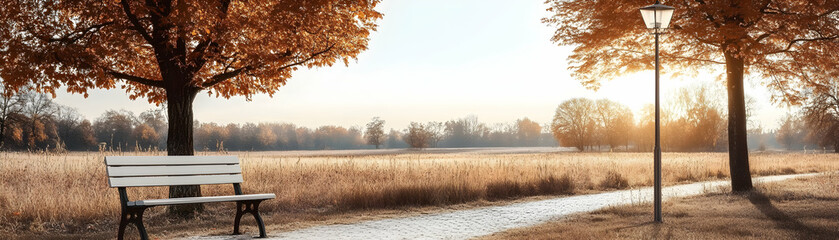 Autumnal Park Bench under Golden Sunlight