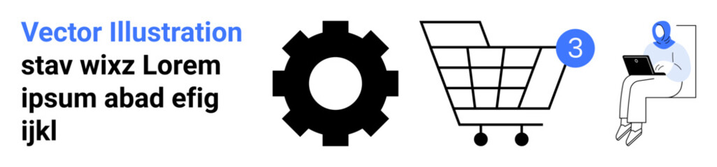 Gear, shopping cart with notification badge, person seated with a laptop, text. Ideal for e-commerce, technology, notifications, online shopping, digital marketing, user experience, web design