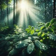 Fototapeta premium Gentle rays of sunlight pierce through the dense forest canopy, creating a magical effect as rain droplets glisten on the leaves and plants below. The scene feels fresh and rejuvenating. AI generated.
