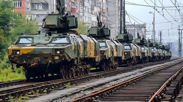 Military Vehicles Transported by Rail, A Convoy of Armored Fighting Vehicles on Railway Tracks - Powered by Adobe