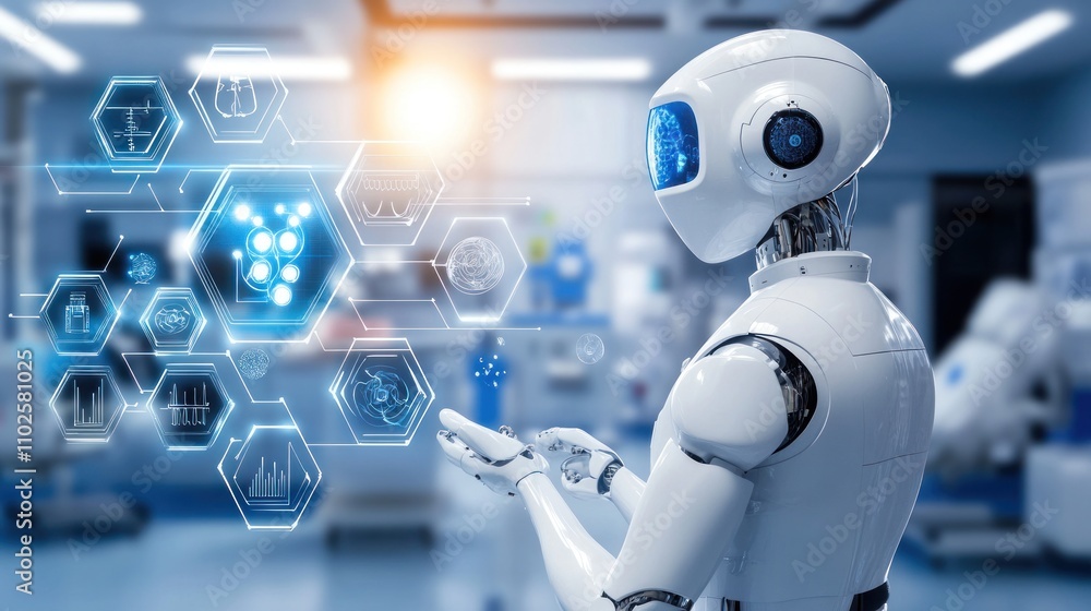 Poster a futuristic robot interacts with digital icons in a high-tech environment.