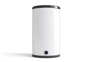 A white tank with a black cap sits on a white background, boiler or water heater