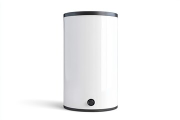A white tank with a black cap sits on a white background, boiler or water heater