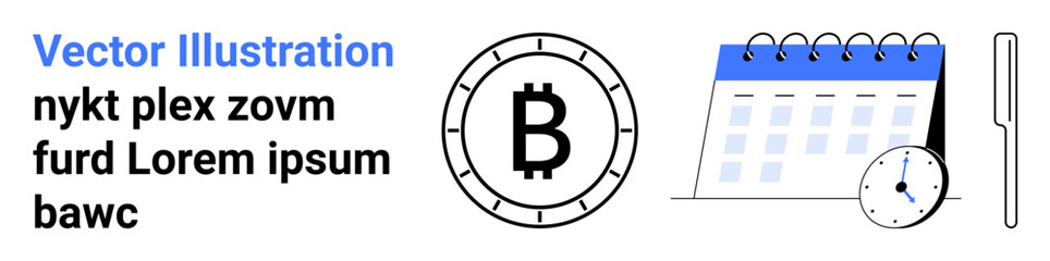 Bitcoin coin, calendar with clock, pen. Ideal for financial planning, business organization, cryptocurrency management, scheduling, investment tracking, time management, landing page