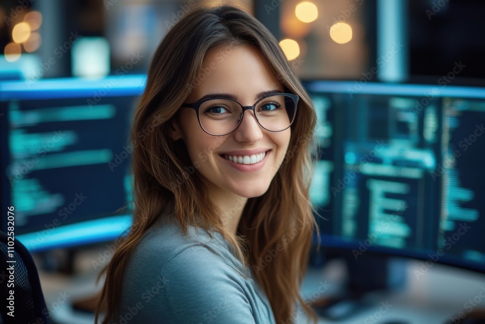 Poster smiling professional woman with glasses in front of computer monitors in a modern office setting.