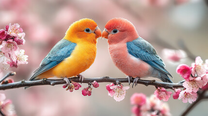 Fototapeta premium Colorful birds share a tender moment among blooming cherry blossoms in the spring sunshine. Generative AI