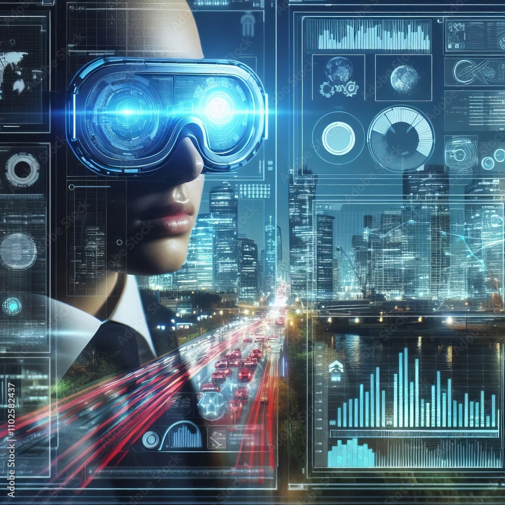 Poster a futuristic ai-generated image featuring a person with digital goggles surrounded by data visualiza