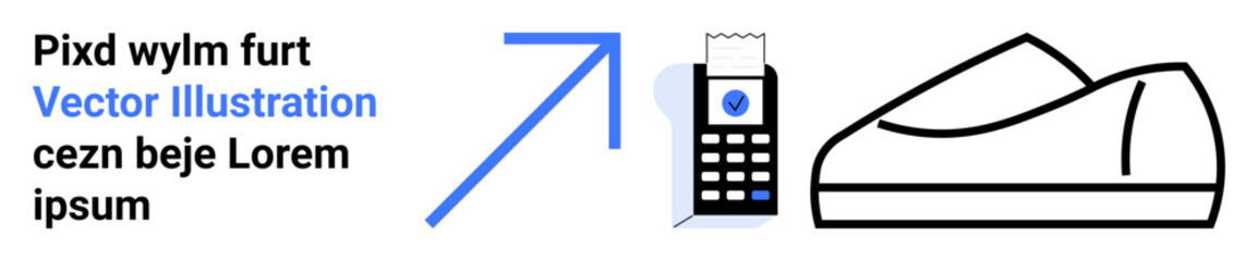 A shoe icon, a receipt with a payment terminal and a large blue upward arrow next to text. Ideal for e-commerce, digital payments, online shopping, retail, financial transactions, sales growth, user