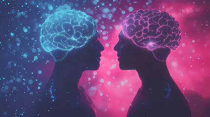 Two human silhouettes with brains made of particles, fading into the atmosphere, ephemeral memory concept, with flowing neural pathways in soft holographic light, minimalist. Ephemeral. Illustration