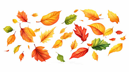 Obraz premium Vibrant autumn leaves falling against white background. Ephemeral. Illustration