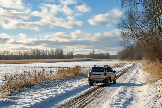 Winter road trop drive through countryside