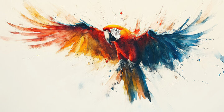 Brazilian art style. A vibrant, colorful watercolor painting of a parrot in flight, showcasing its majestic wings and lively plumage against a light backdrop.