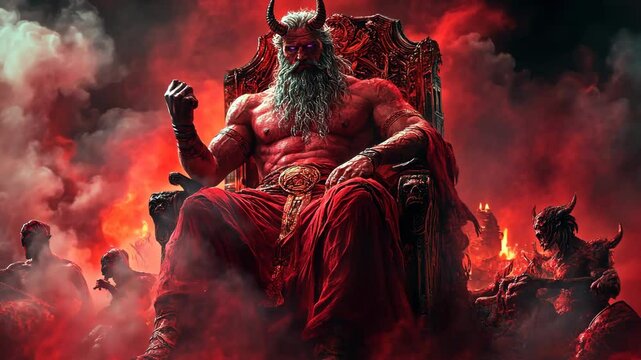 A Powerful Lord of Darkness Sitting on His Throne Surrounded by Fire and Shadows in a Sinister Realm
