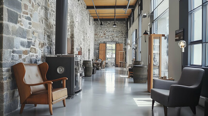 Modern Interior Design, Stone Walls, Wood Accents, and Comfortable Seating in a Spacious Hallway