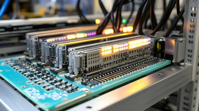 High-Performance Computing, Advanced Server Board with Multiple RAM Modules and Illuminated Indicators