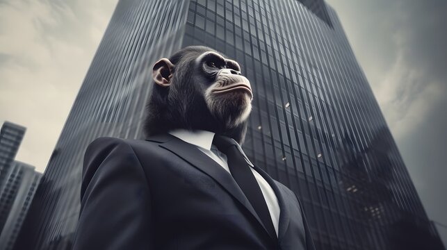 A thoughtful bonobo, a symbol of endangered wildlife, sits amidst the bustling city, pondering the future of business and nature