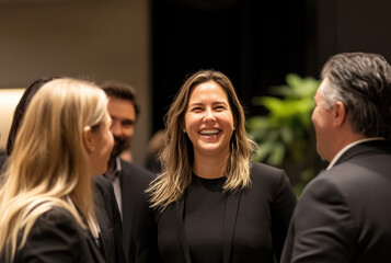 At a trade show, a young woman confidently interacts with colleagues, excited to enhance her communication and networking skills.