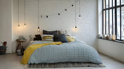 Cozy Bedroom Design, Textured Walls & Soft Bedding. String Lights Illuminate a Quaint Space with a Rustic Charm.