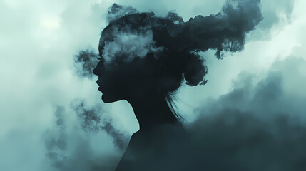 A surreal silhouette of a woman blending into smoky clouds, symbolizing the dissolution of thoughts, introspection, and the ephemeral nature of imagination. Ephemeral. Illustration