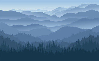 Vector mountains evening landscape with fog