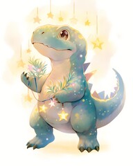 Obraz premium Funny cartoon dinosaur decorated colorful lights against Christmas tree. Festive winter holiday concept for Christmas, New Year banner, poster, greeting card with copy space