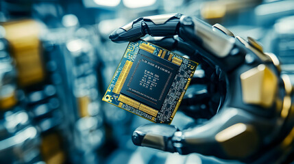 Robotic Hand Holding Circuit Board, Advanced Technology in Industrial Automation