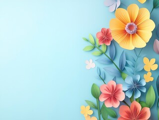 Fototapeta premium Pastel Paper Flowers on Light Blue Background - Spring Floral Design
