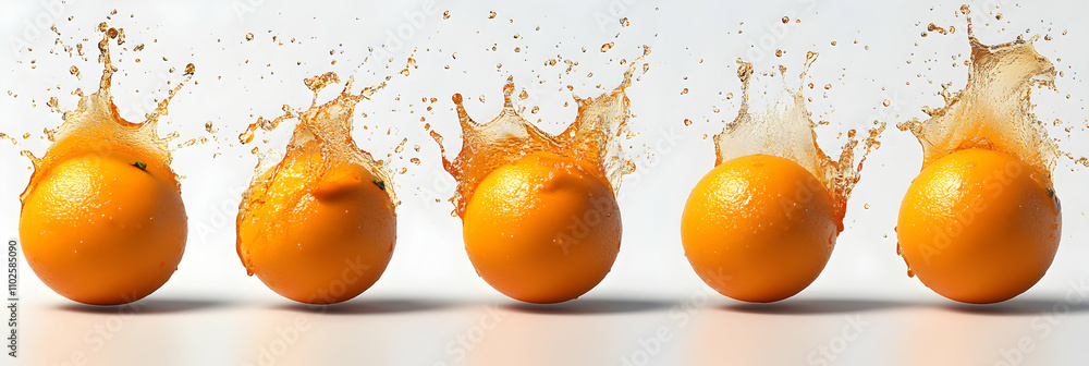 Poster five oranges exploding in juice splash