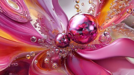 Abstract Pink Flower with Glistening Bubbles and Spheres