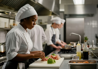 Culinary Artistry: A focused female chef meticulously prepares ingredients in a professional kitchen setting, showcasing culinary precision and dedication.  