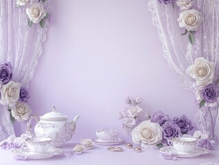 Elegant Lavender Tea Party Scene with Lace Curtains and Porcelain Tea Set