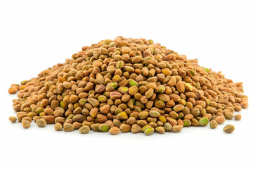 Fototapeta premium Pile of Brown Seeds with Green Tips, Isolated on White Background