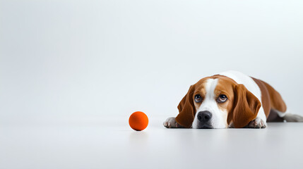 Beagle wczesny poranny spoczynek oczekujący na piłkę sportową środowisko domowe z materiałem podłogowym