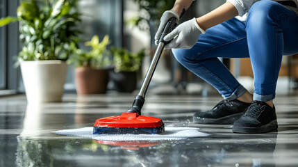 Fototapeta premium Person Cleaning Floor with Red Electric Scrubber, Sparkling Clean Results