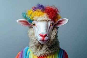 Colorful sheep with a rainbow wig and vibrant rainbow coat, standing against a soft gray background. Playful animal portrait showcasing fun personality.