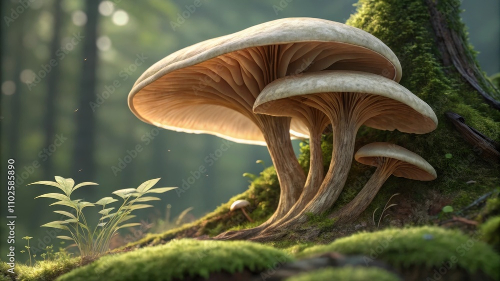 Poster an innovative mycelium structure resembling a mushroom with soft curves and a natural texture blendi