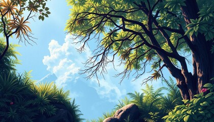 painting of a forest with a waterfall and trees in the background