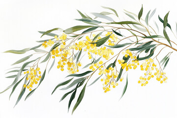 Yellow Australian Wattle Native Flowers Illustration Against White Background on a White or Clear Surface PNG Transparent Background