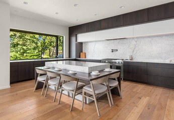 Kitchen with Waterfall Island in New Modern Luxury Home