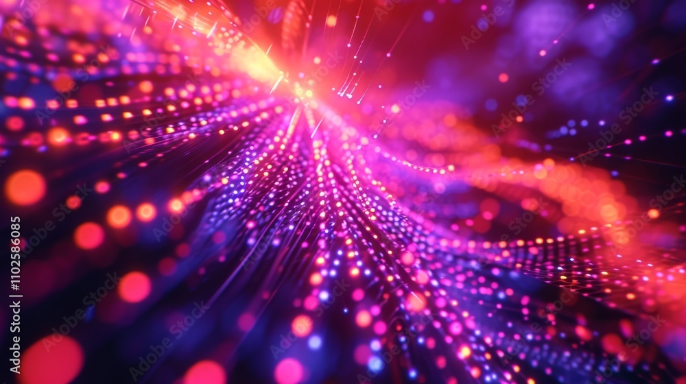 Poster a dynamic array of glowing light particles flowing in a wave pattern, creating a sense of futuristic