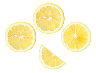 Top view set of fresh yellow lemon fruit in halves and slices or quarter scattering isolated on white background with clipping path