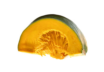 Side view of fresh green japanese pumpkin slice or piece isolated with clipping path in png file format