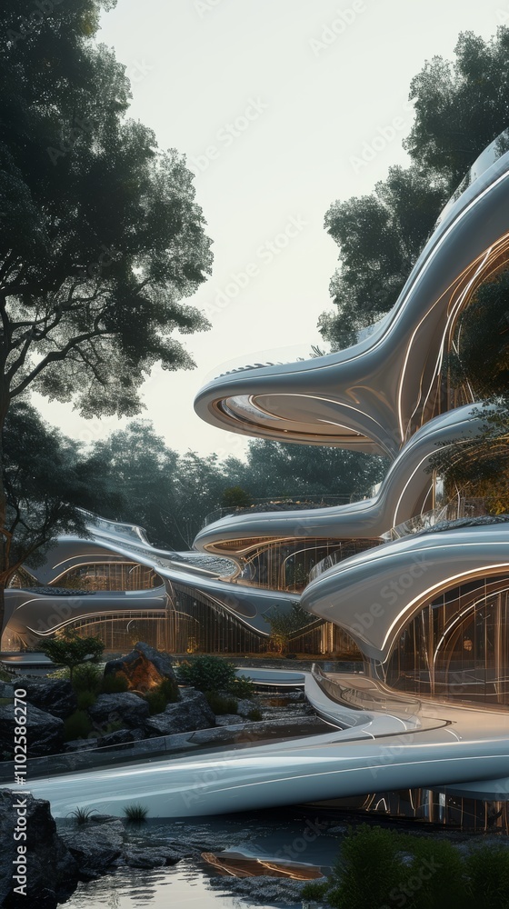 Poster ai-generated image showcasing a futuristic building with flowing, curved designs that seamlessly ble